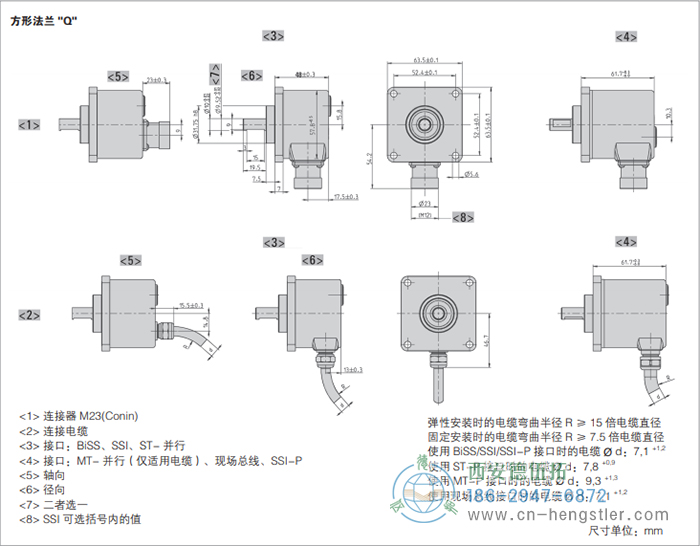 AC58-CC-Link光電絕對(duì)值型編碼器外形及安裝尺寸(方形法蘭Q) 德國(guó)hengstler(亨士樂)編碼器