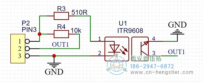 ITR9608是一種常見的對(duì)射式光電開關(guān)，加兩個(gè)電阻就可以使用了，設(shè)計(jì)了簡單的原理圖