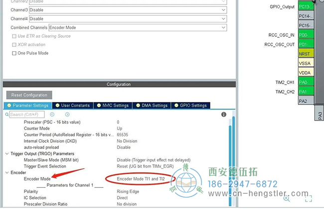 配置一下編碼模式，選擇“……TI1 and TI2”，這樣就會(huì)上升下降沿都計(jì)數(shù)，實(shí)際脈沖數(shù)數(shù)值上是柵格的4倍。